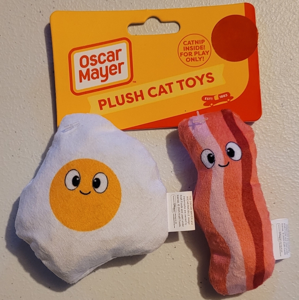 Plush Eggs And Bacon Catnip Toys Oscar Mayer Cat- White And Yellow, Pink and Red